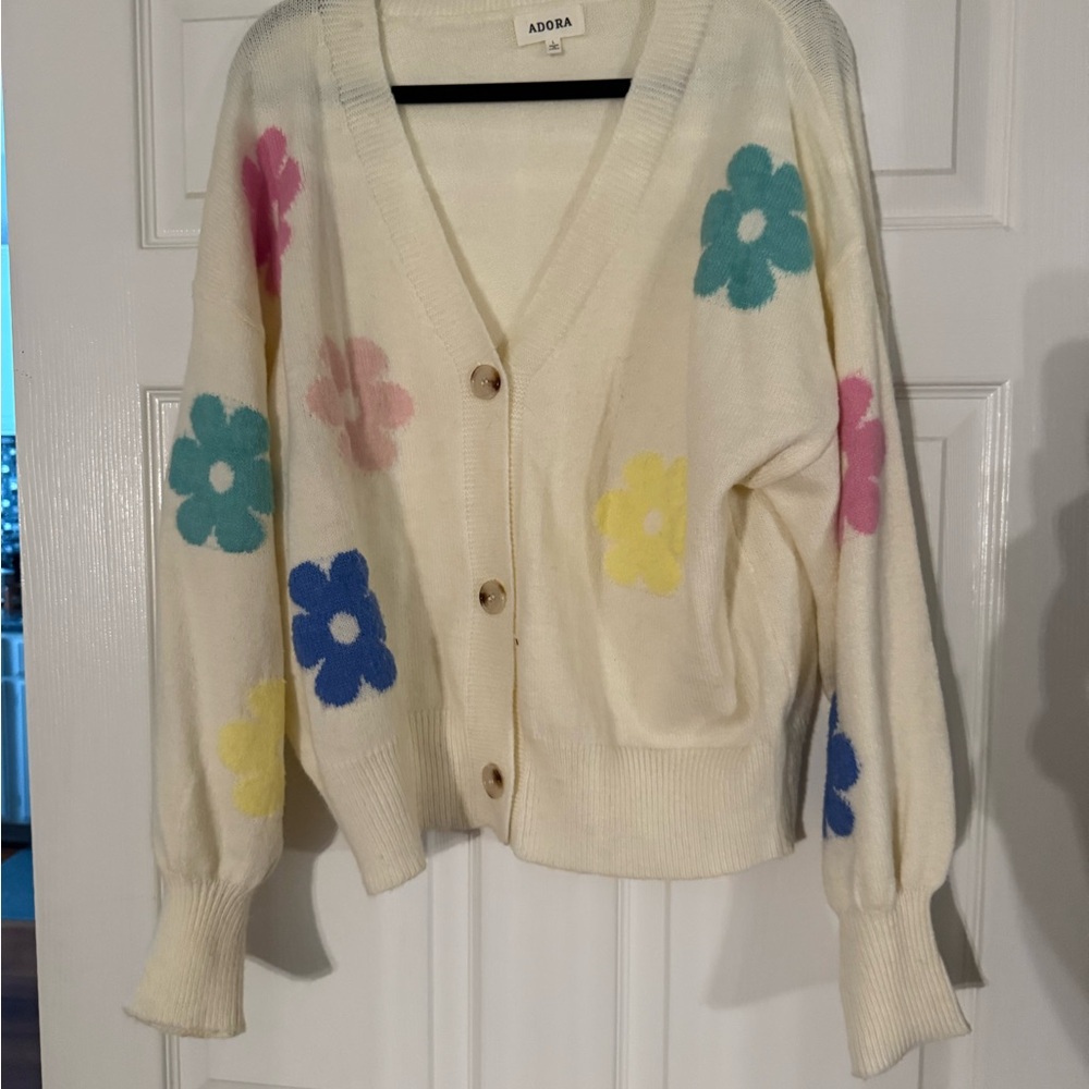 ADORA Women's Cardigan Sweater - Cream with Blue, Pink, Yellow Flowers